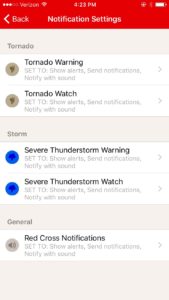 Red Cross tornado app phone alert screenshot radius set
