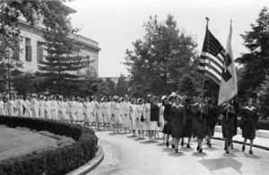June 8, 1942. Washington, D.C. Senior student nurses leaving the Pan American building after having been enrolled in the first Red Cross Student Nurse Reserve group in the United States. 