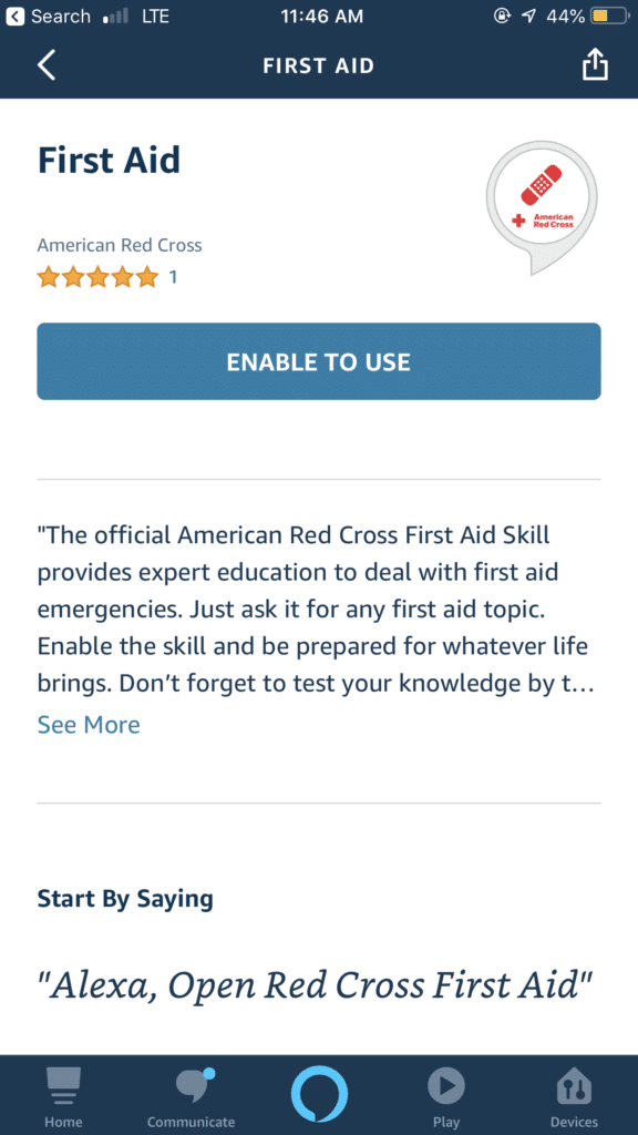 A screenshot of the first aid skill page in the Amazon Alexa app. 