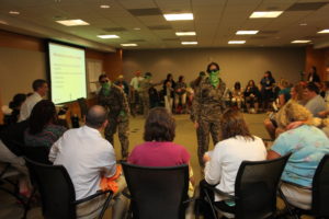 "Soliders" from an opposing army surprise participants during a Raid Cross prisoners of war simulation activity. 