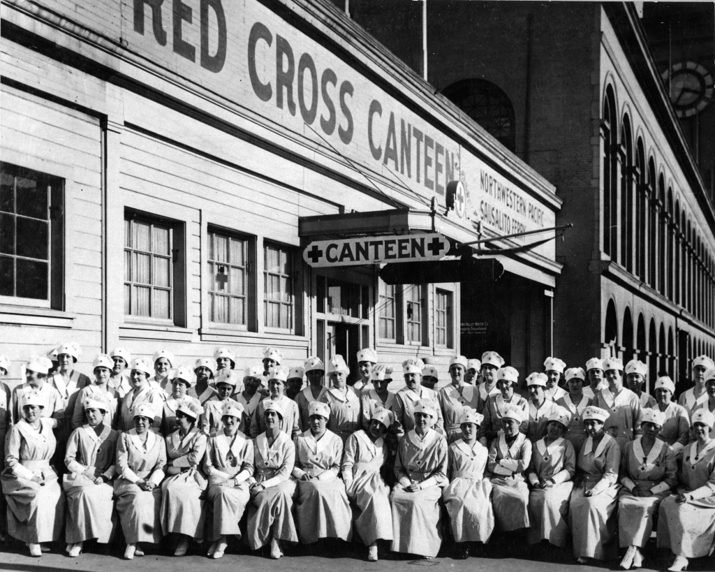 The canteen corps of the San Francisco Red Cross chapter lines up for a photo at the Ferry Building in 1917. 