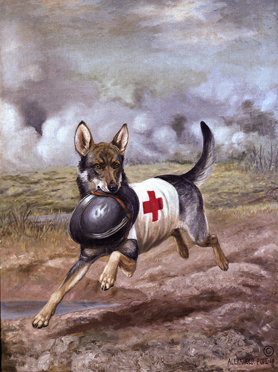 This Alexander Pope painting depicts a World War I Red Cross dog carrying the helmet of a wounded French soldier in the midst of a gas barrage.
