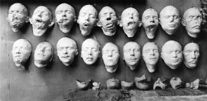 The top row of casts shows the first step in the process as these were molded from the soldiers’ disfigured faces.  The bottom row of casts shows the molds with restorative work sculpted by Anna Coleman Ladd. 