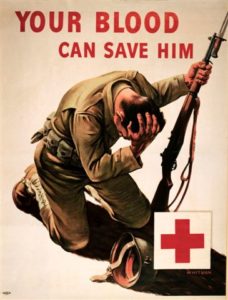 The blood that was drawn from donors was used only for the military. The Red Cross civilian blood program did not begin until 1948. Shown here is a poster recruiting blood donors.