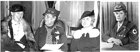 Left: A meeting of the Red Cross National Committee on Volunteering in December 1934 had distinguished attendees: Mrs. Franklin D. Roosevelt; Boardman, presiding and Mrs. Woodrow Wilson. Photo courtesy Keystone View Company. Right: Boardman in Red Cross uniform.