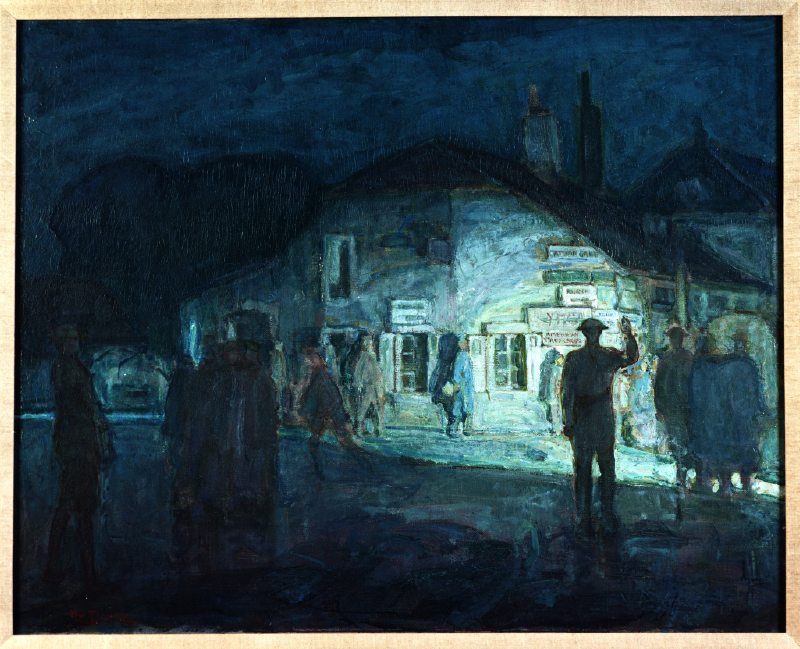 Intersection of Roads at Neufchateau (Shows WWI soldiers walking around in the evening in front of the Red Cross Canteen building.) Oil on canvas 1918