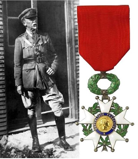 Left, Tanner in uniform as a Lieutenant on the French Front from 1914 to 1918. Right, Knight of Legion of Honor medal.