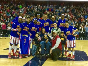 Military vet with Harlem Globetrotters