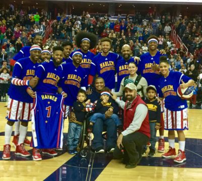 Military vet with Harlem Globetrotters