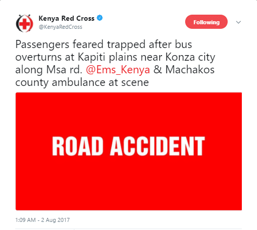Kenya Red Cross Tweet Describing a Road Accident
