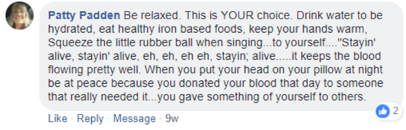 Patty's comment about blood donation tips. 