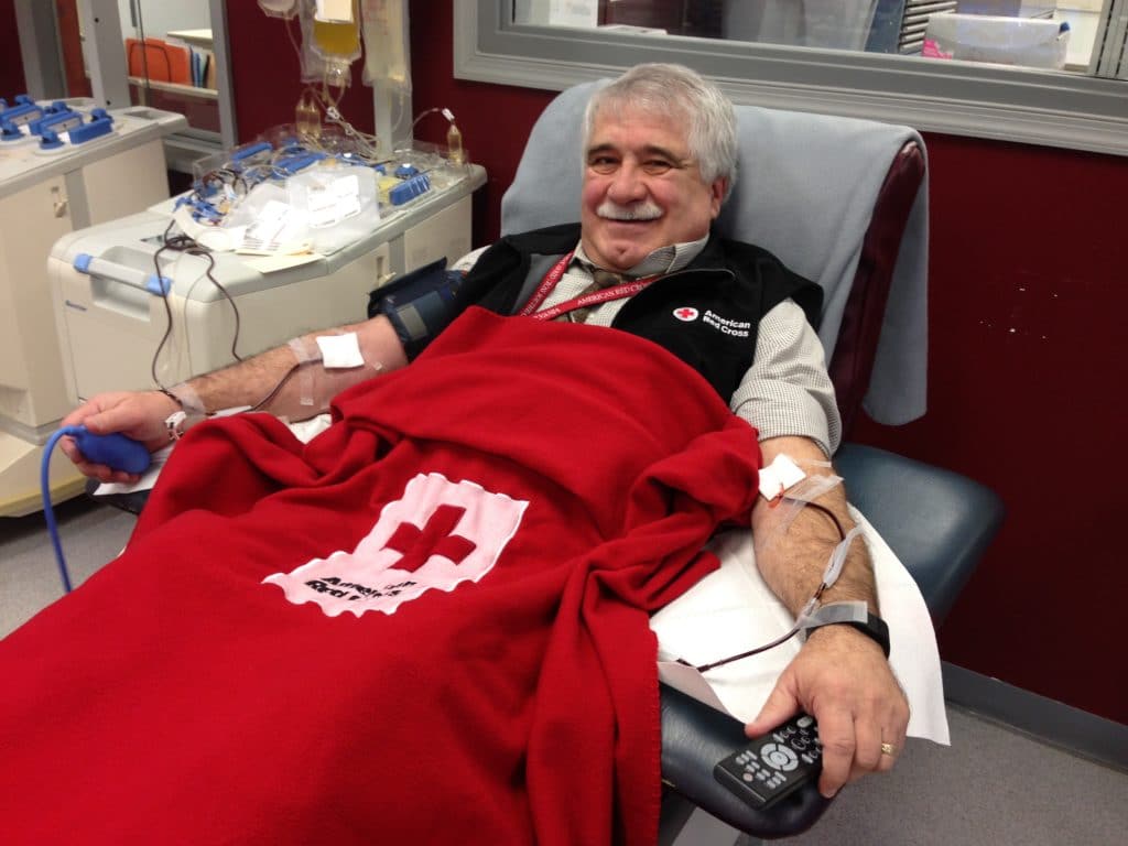 Bill at the Red Cross donating plasma and platelets now that he is free of cancer. 