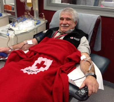 Bill at the Red Cross donating plasma and platelets now that he is free of cancer.