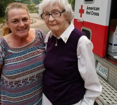 Terry with a Red Cross volunteer during the Carr Fire.