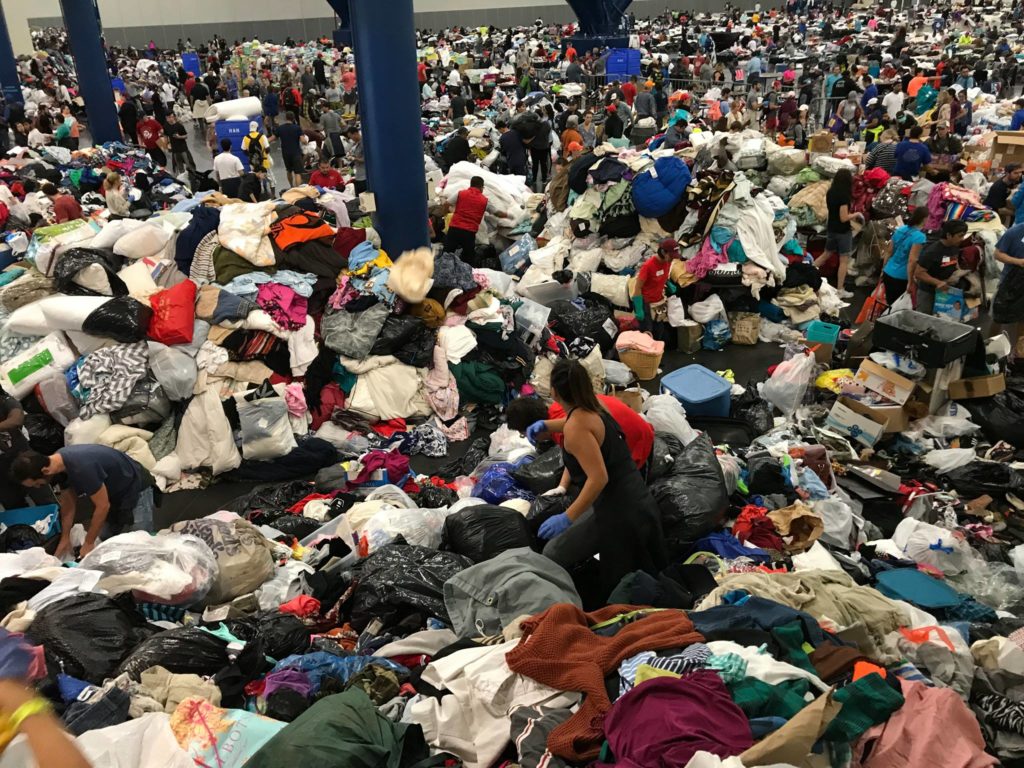 A large pile of in-kind donations in a shelter in Texas.