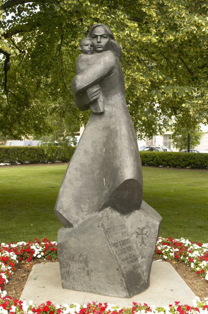A closeup of the statue "Motherland"