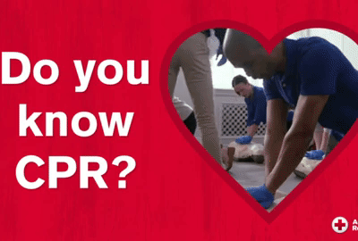 A gif that shows a person performing CPR on a mannequin for Valentine's Day. Gif reads: Do you know CPR? Because you take my breath away.