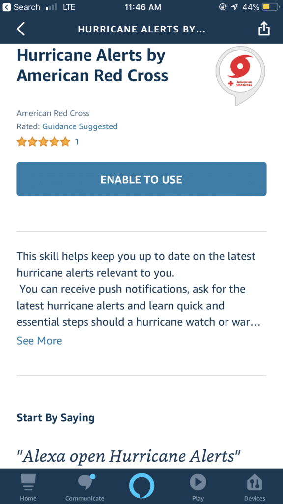 A screenshot of the Hurricane alert skill page in the Amazon Alexa app. 