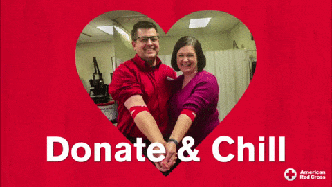 A gif that displays two blood donors holding hands. Gif reads: Donate & Chill.