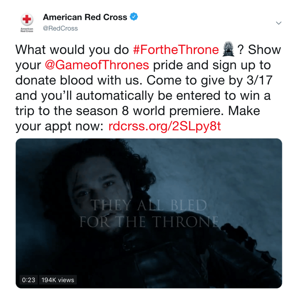 Game of Thrones partnership tweet. 