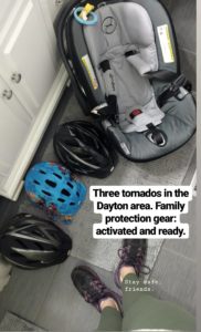 A photo of Sarah's emergency gear for her family.