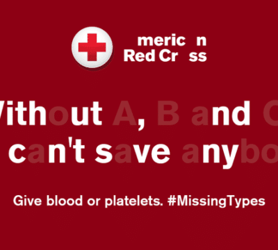"Without the A, B, and O's, we can't save anyone" #MissingTypes campaign graphic.