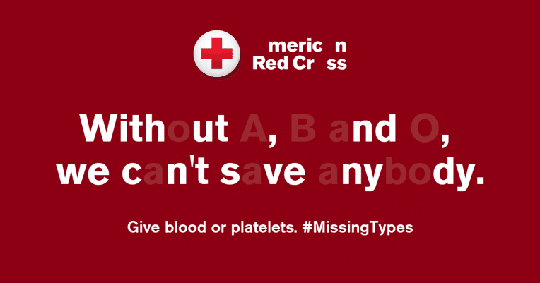 "Without the A, B, and O's, we can't save anyone" #MissingTypes campaign graphic. 