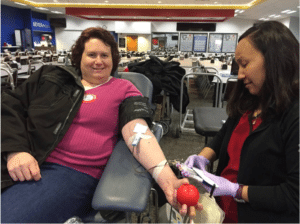 Volunteer Amy Erickson donates blood in Sioux Falls, SD on February 26, 2019.