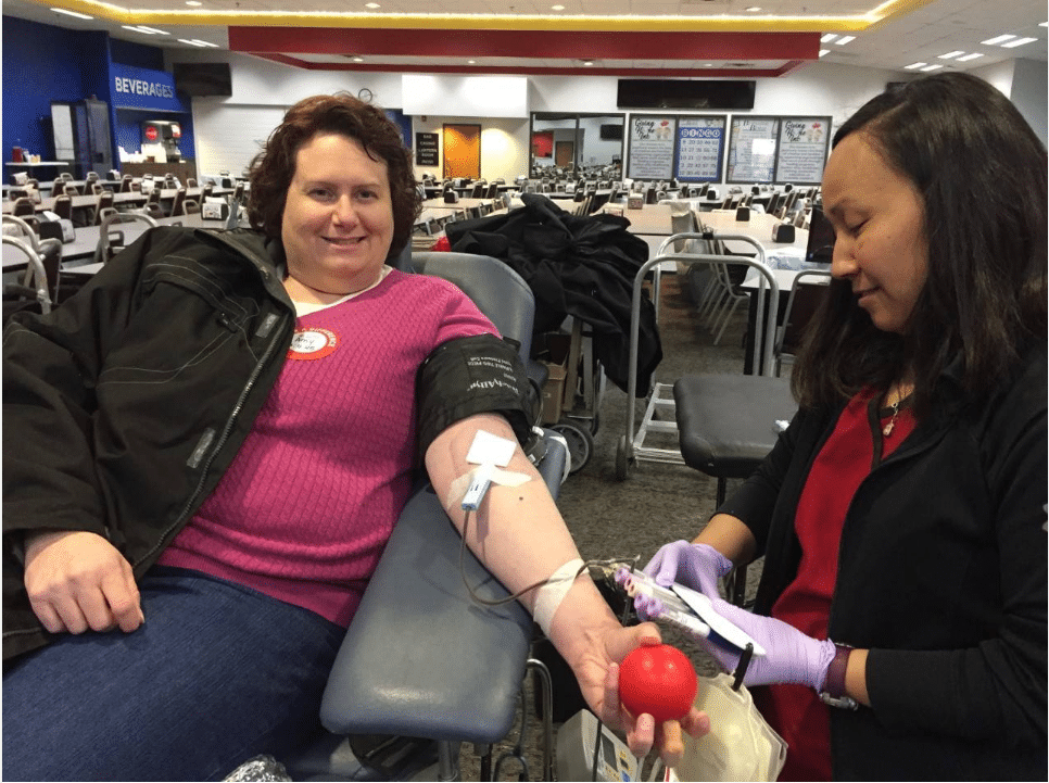 Volunteer Amy Erickson donates blood in Sioux Falls, SD on February 26, 2019.