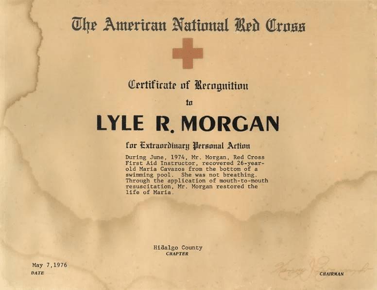Lyle's Red Cross Lifesaving Award that was issued in 1974. 