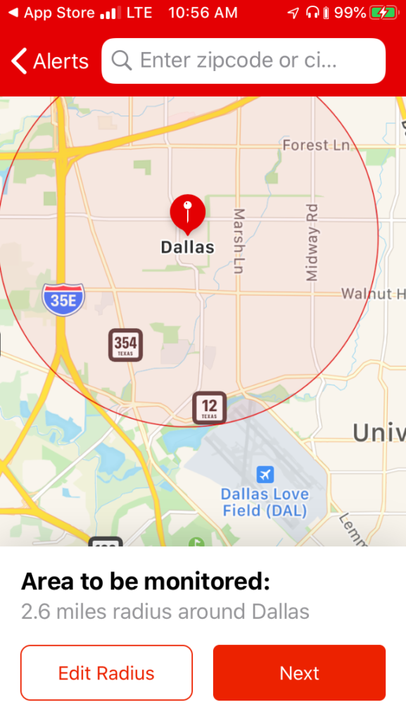 Red Cross Emergency radius of Dallas 